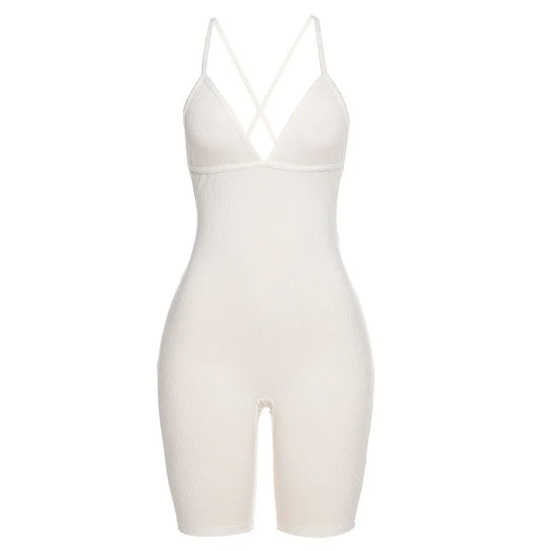 Women's Short Sports Jumpsuit With Halter Straps - White