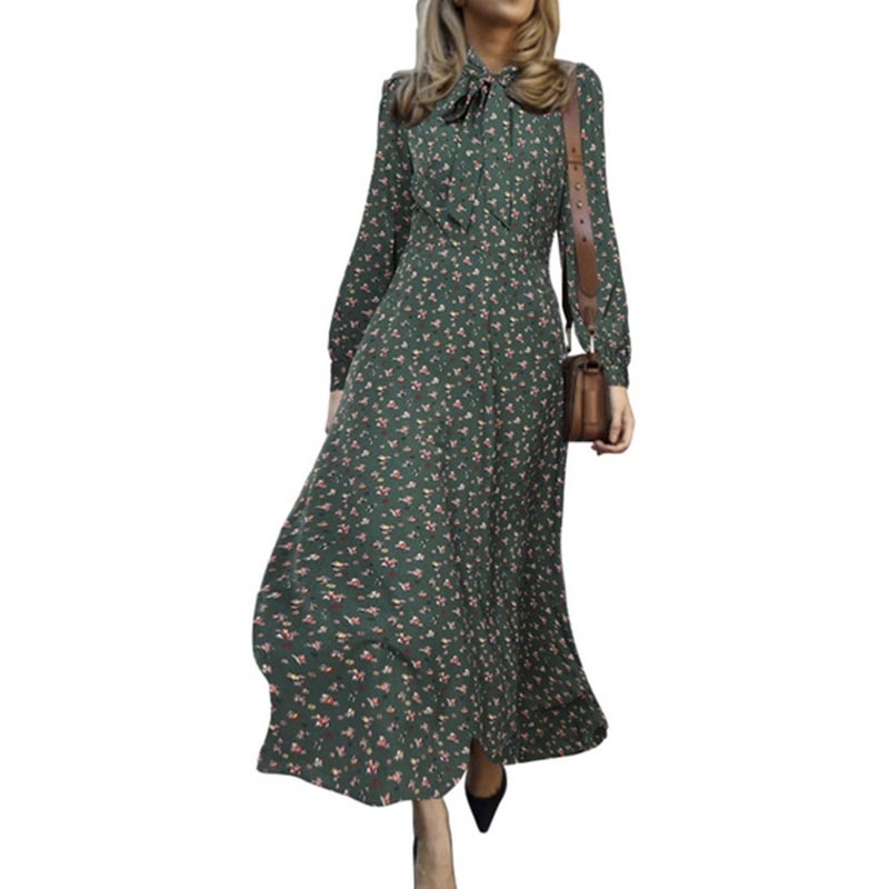 Bow Tie Collar Long Sleeve Floral A-Line Skirt Dress