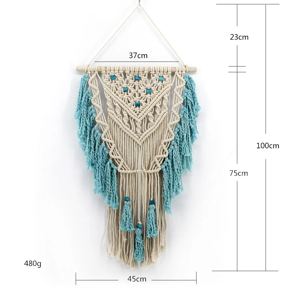 Hand-Woven Cotton Rope Tapestry Bohemian Tapestry Pendant Simple Home - Beige Blue45X75Cm