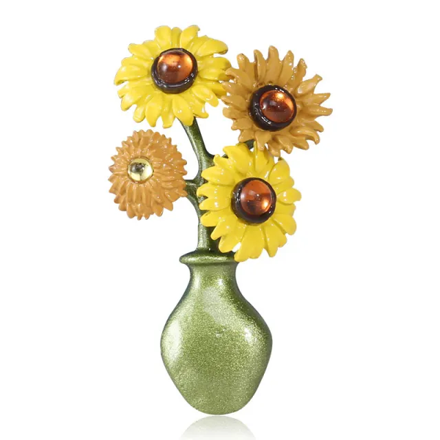 Vintage Sunflower Brooch Vase Crystal Enamel Pins Fashion Jewelry Shirt Cardigan Lapel Pin Brooches Accessories Yellow - Shop at LoveMi