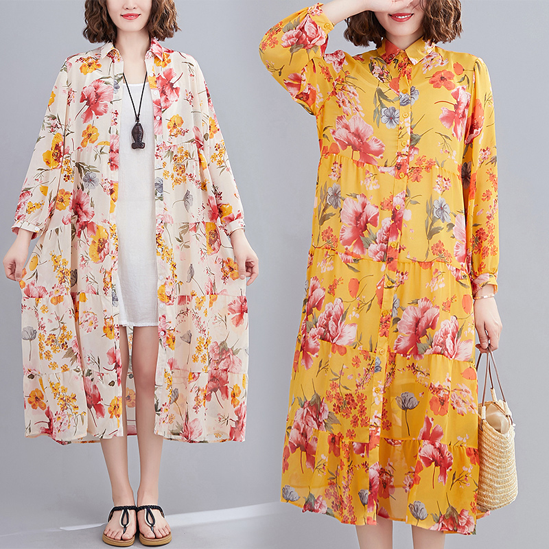 Loose Printed Long Shirt Dress Large Lapel Long Sleeve