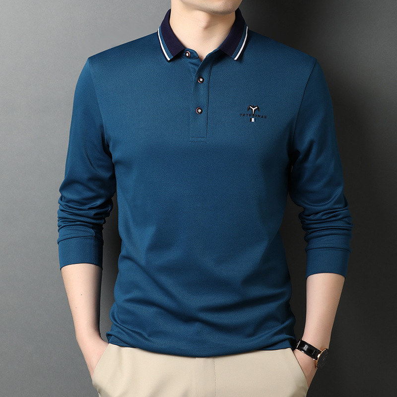 T-Shirt Cotton Lapel Long Sleeve Monochrome Men's Shirt