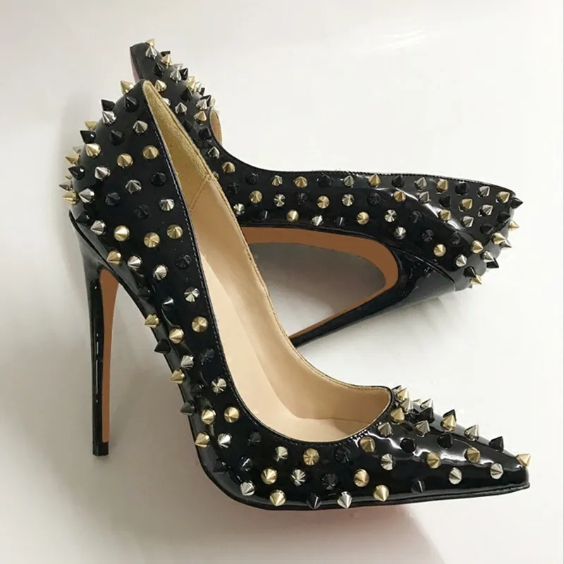 Black Patent Leather Color Matching Rivet High Heels Female Pointed Stiletto - Black