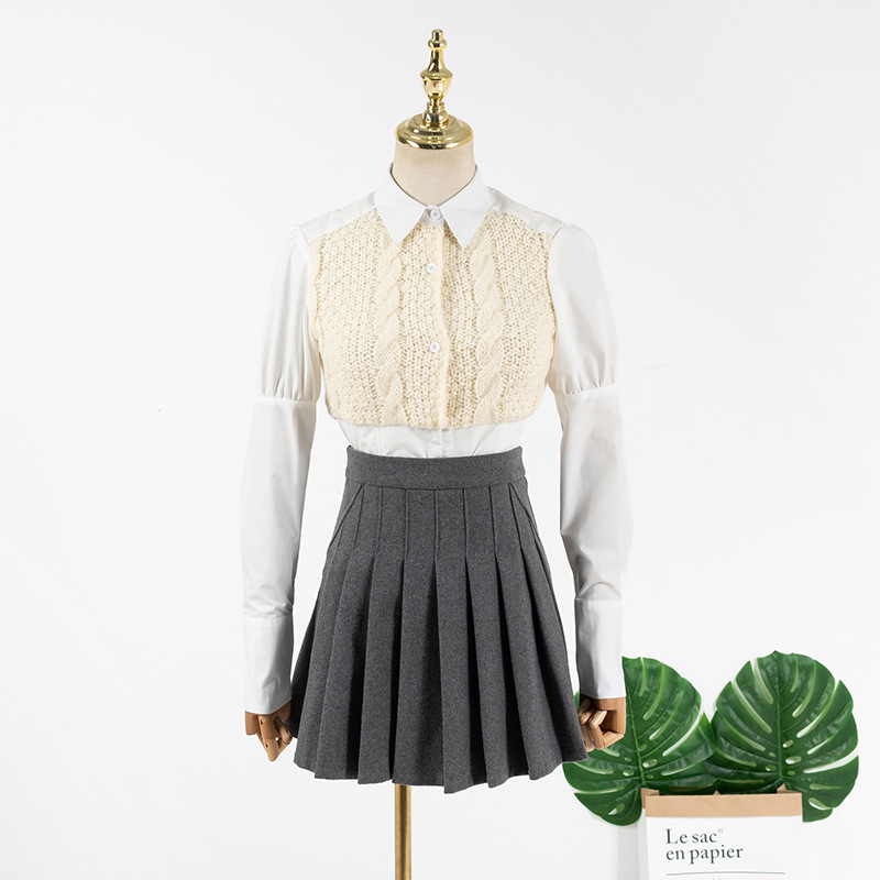 Lapel Puff Sleeve White Stitching Knitted Shirt