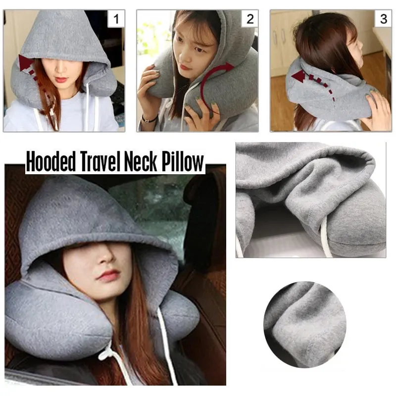 Travel Hooded U-Shaped Pillow Cushion Car Office Airplane Head