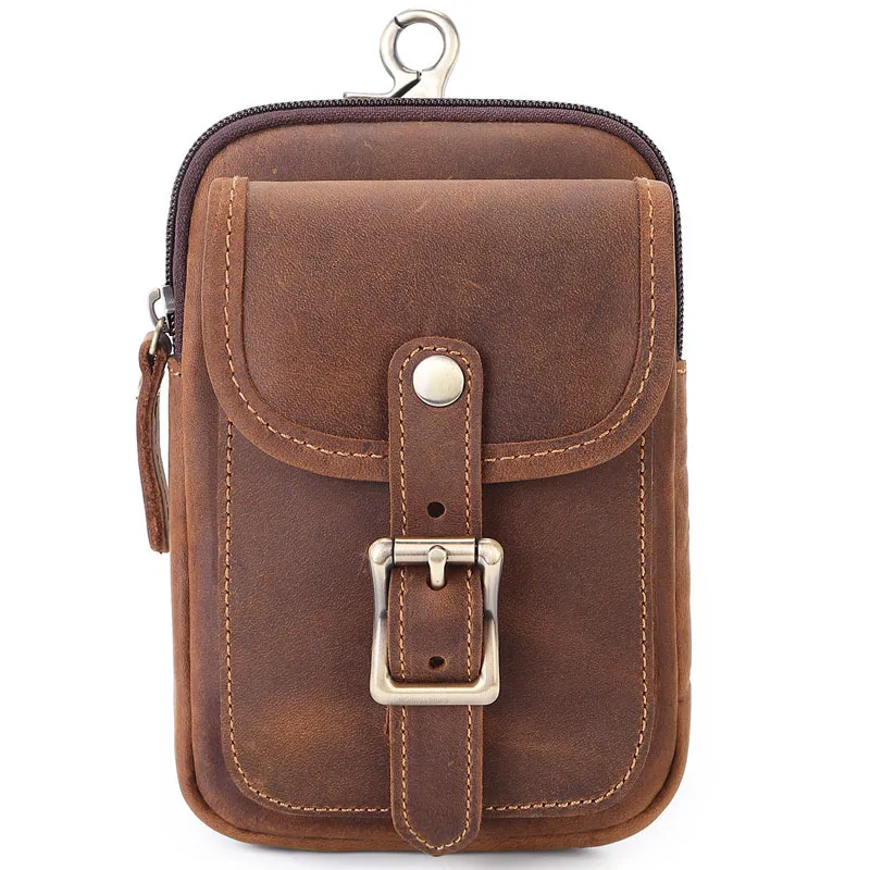 Men's leather waist bag can wear belt slant across mobile phone bag - Brown