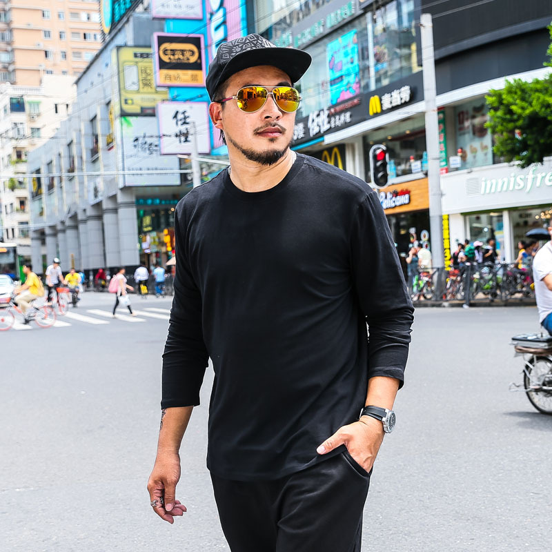 Large Size Men's Long-sleeved Round Neck Solid Color T-shirt