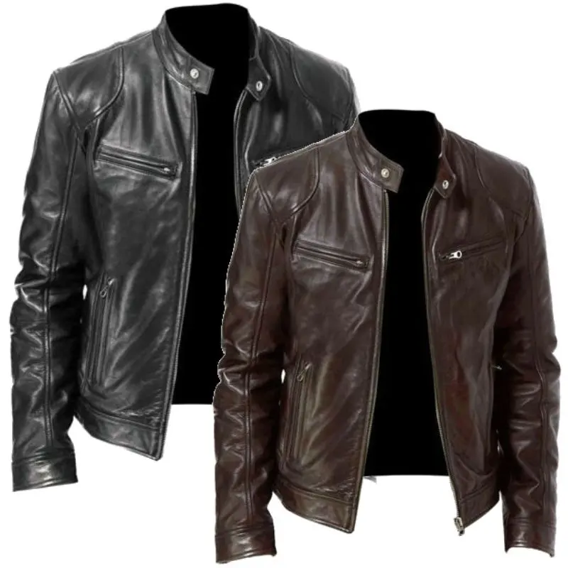 Pu Leather Collar Slim Jacket