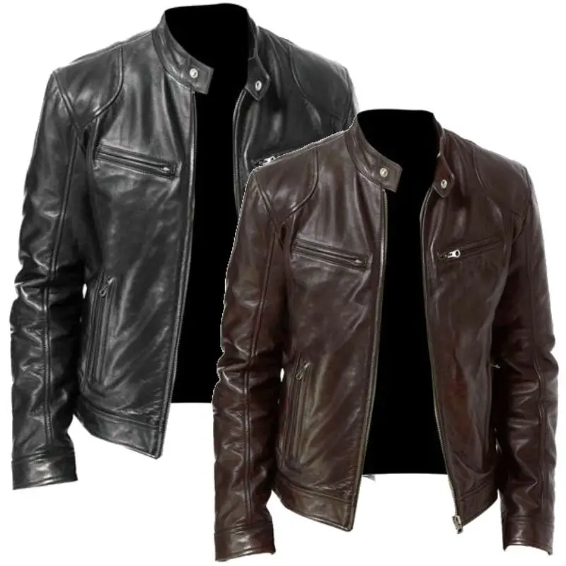 Pu Leather Collar Slim Jacket
