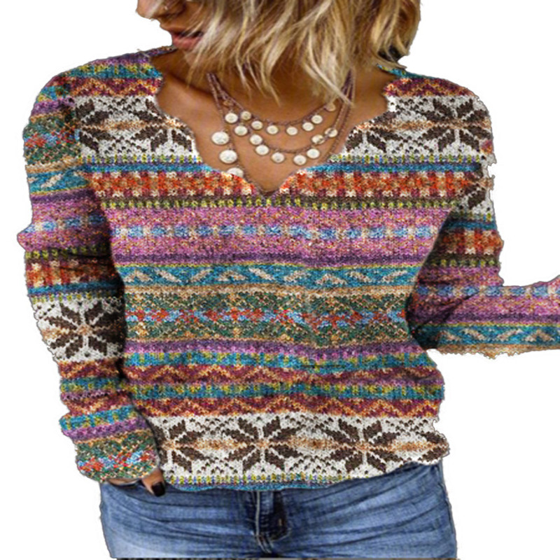 Vintage Women's Printed T-shirt Wave V-neck Top