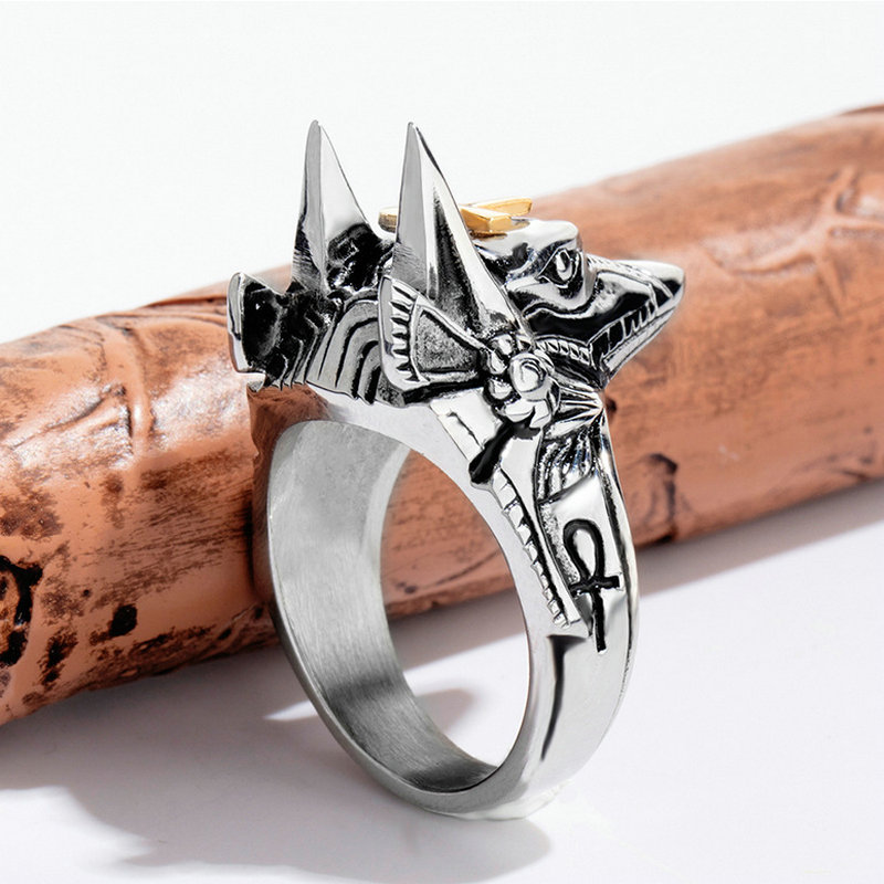Cross Wolf Head Ring