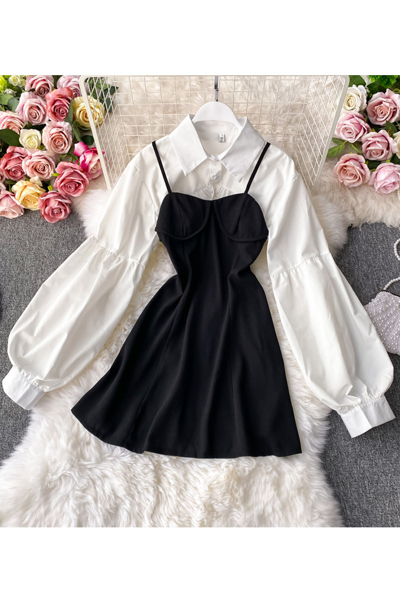 Strap Dress Lantern Sleeve Short Shirt Two-Piece Suit