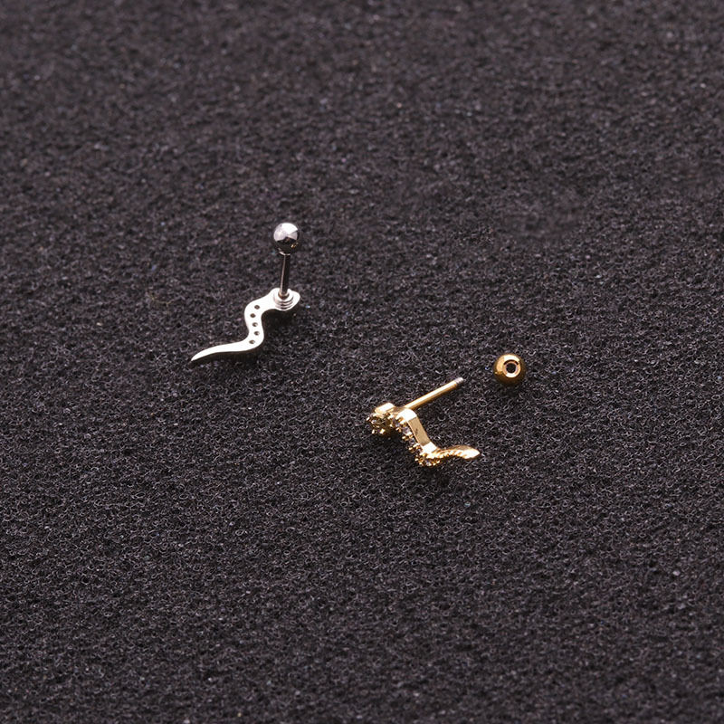 Creative Serpentine Thin Rod Stainless Steel Zircon Screw Earrings