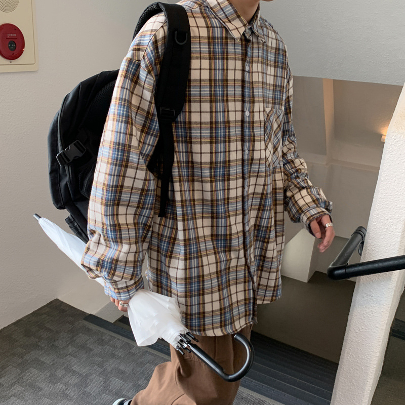 Refreshing Lattice Couple Trend Casual Men's Long-Sleeved Shirt