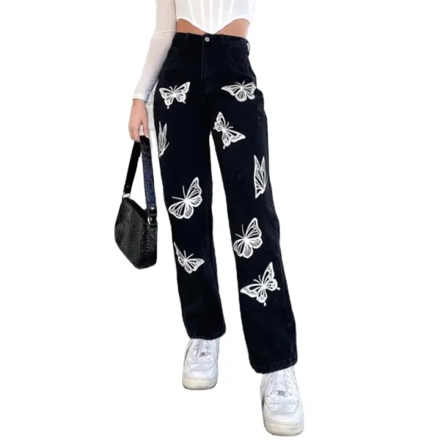 Women's New Fashion Butterfly Print High Waisted Straight Leg Jeans Black - Shop at LoveMi