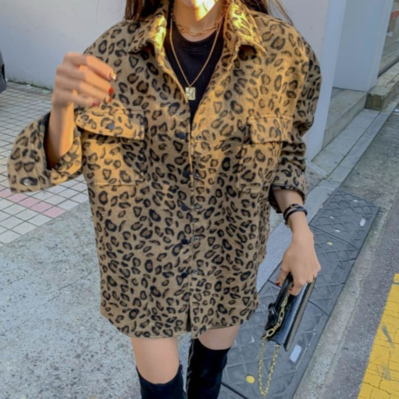 Autumn New Style Women's Woolen Shirt And Leopard Print Jacket