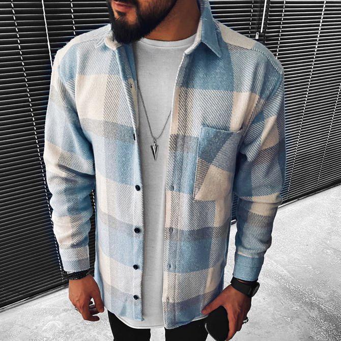 European and American Plaid Pocket Long Sleeve Shirt