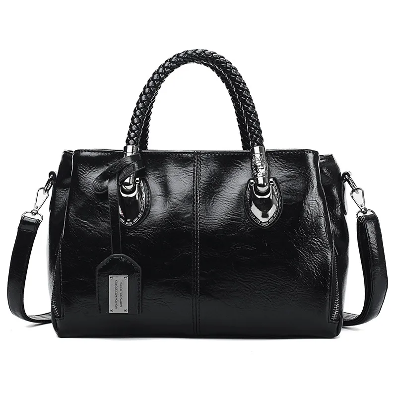 European And American Boston Soft Leather Tote Bag - Black