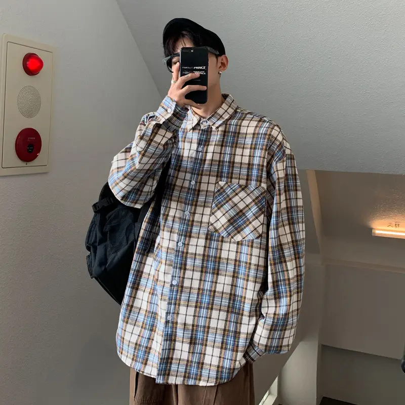 Refreshing Lattice Couple Trend Casual Men's Long-Sleeved Shirt