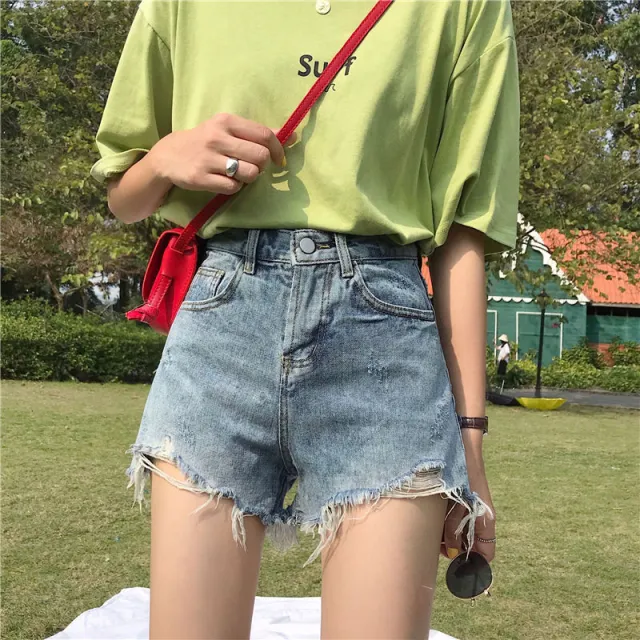 Retro High waisted Straight Hole Wide leg Denim Shorts Blue - Shop at LoveMi