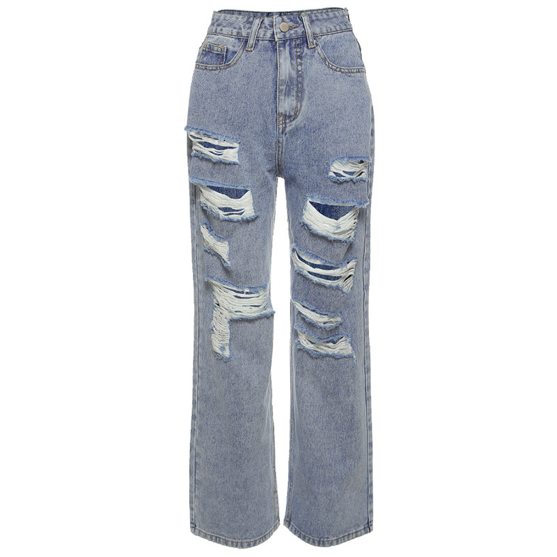 European and American Street Ripped Jeans Women Light Color High Waist Blue - Shop at LoveMi