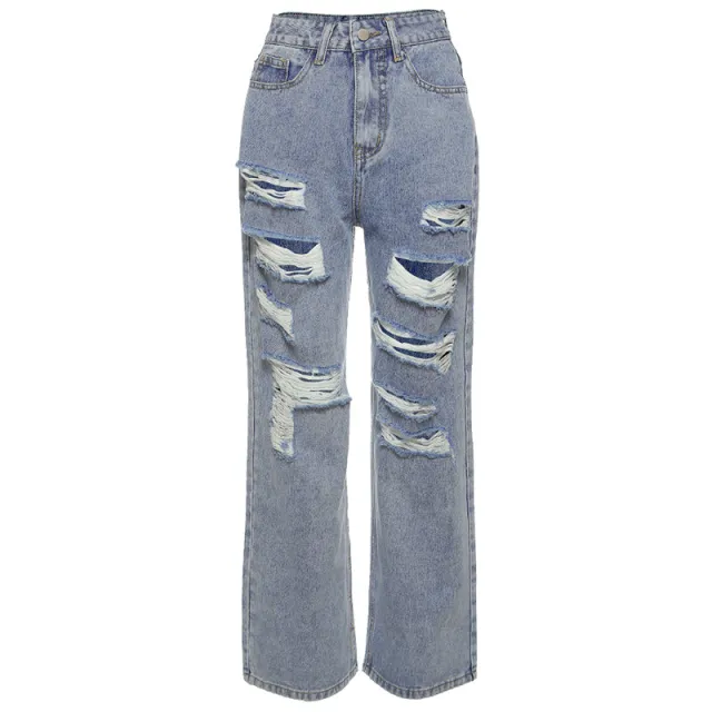 European and American Street Ripped Jeans Women Light Color High Waist Light Blue - Shop at LoveMi