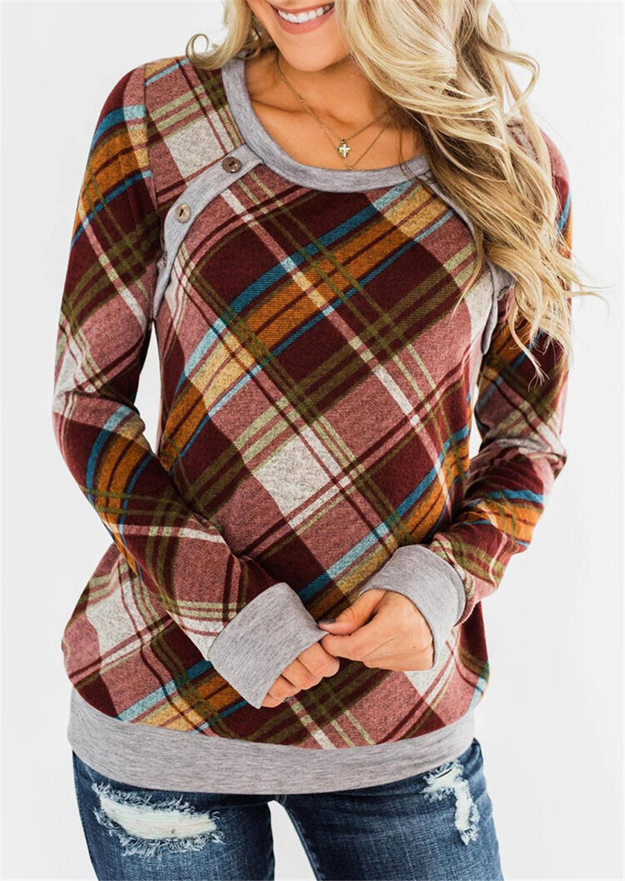 Ladies Round Neck Check Long Sleeve Sweatshirt