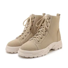 New Comfortable Platform Mid-heel Women's Shoes With Lace-up Front Low Boots - Beige - View 1