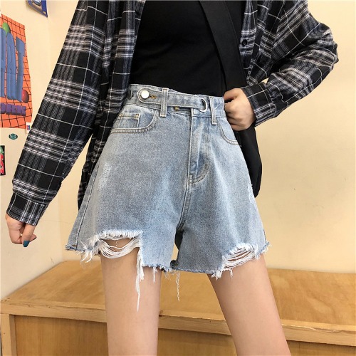 Retro High waisted Straight Hole Wide leg Denim Shorts 5007Blue - Shop at LoveMi
