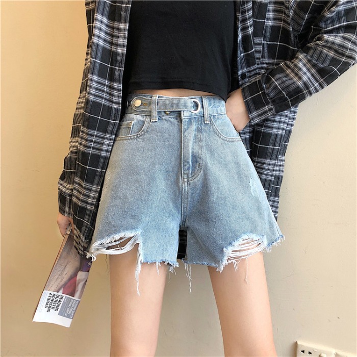Retro High-waisted Straight Hole Wide-leg Denim Shorts