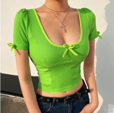 Women's Slim  Neck Short-sleeved Bow T-shirt