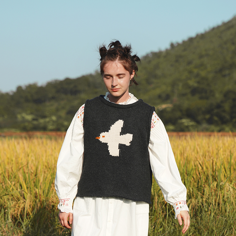 New Product Front and Back Two-Wear Bird Jacquard Lamb Wool Knitted Vest