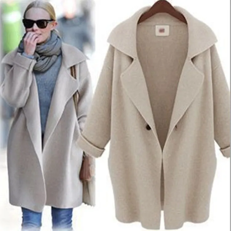 Women's Mid-length Suit Collar Knitted Jacket - Beige