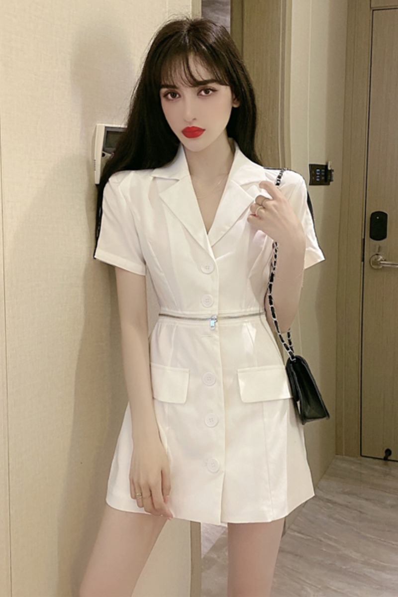 Temperament White Suit, Short Sleeves, Waist, Thin A-Line Dress, Short Skirt, Women