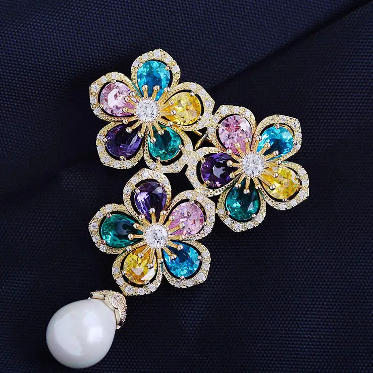Vintage Colorful Zircon Flower Pearl Brooch Accessory