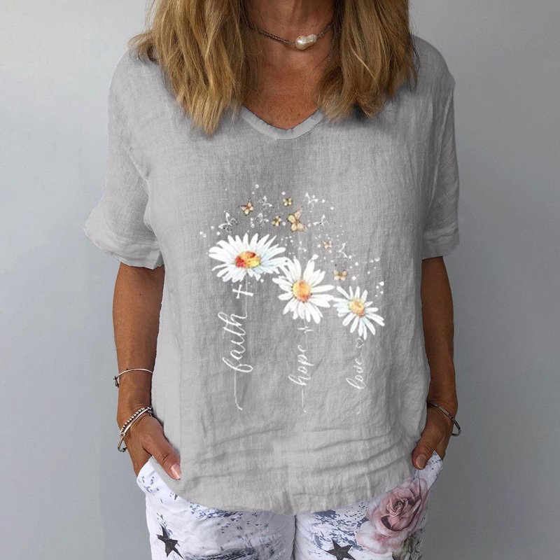 Solid Color Cotton and Linen V-Neck Loose Women's T-Shirt