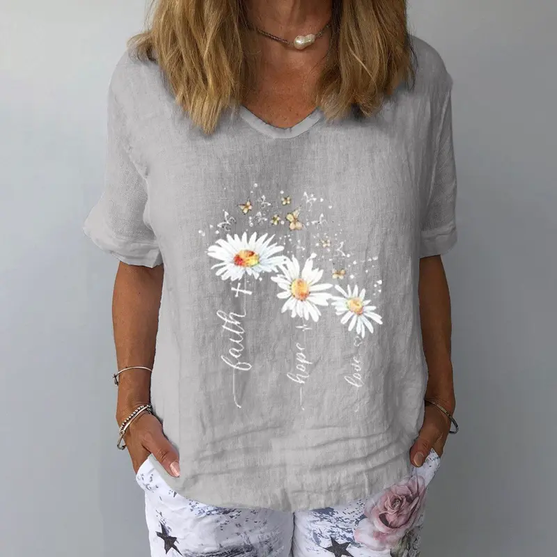 Solid Color Cotton and Linen V-Neck Loose Women's T-Shirt