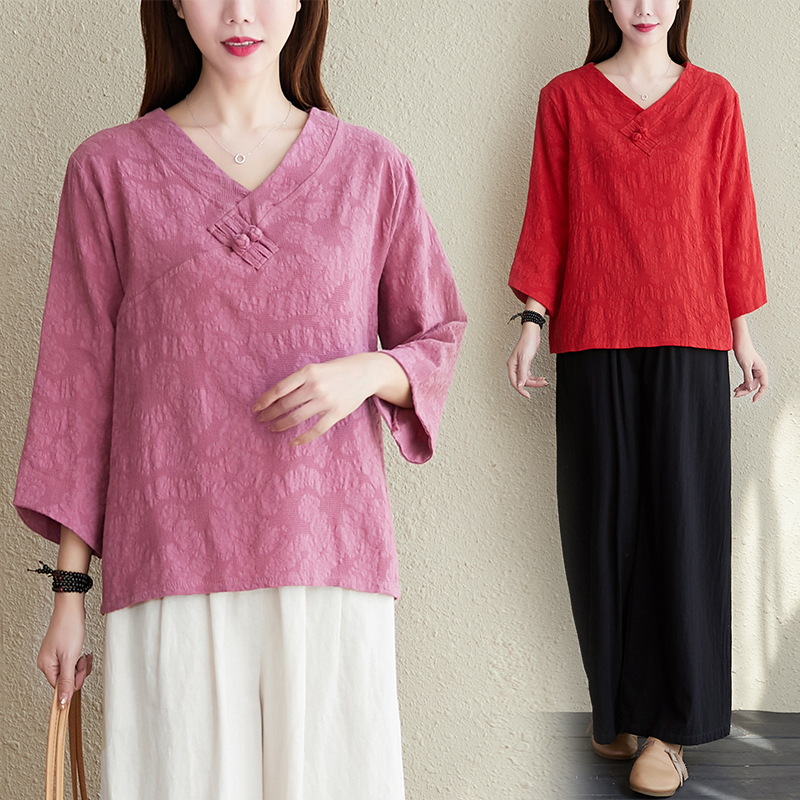 Large Size Slimming Suit Jacquard Disc Button V-Neck Shirt High Waist Wide Leg Pants Two-Piece Suit