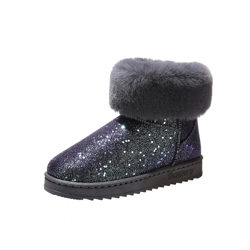 Round Toe Flat Heel Deep Mouth Short Snow Boots - Grey