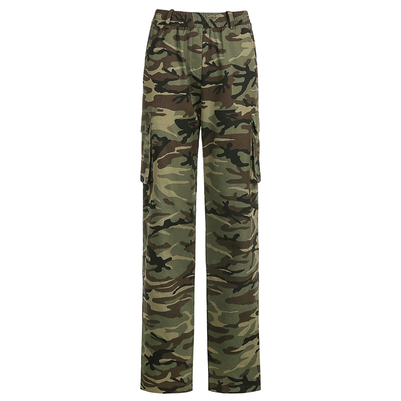 Hip Hop Army Green Camouflage High Waist Straight Pants