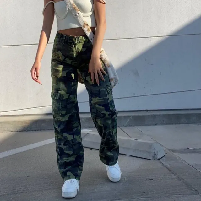 Hip Hop Army Green Camouflage High Waist Straight Pants Camouflage - Shop at LoveMi