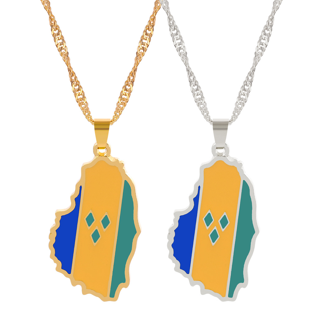 World Map Flag Pendant Necklace Stainless Steel Chain