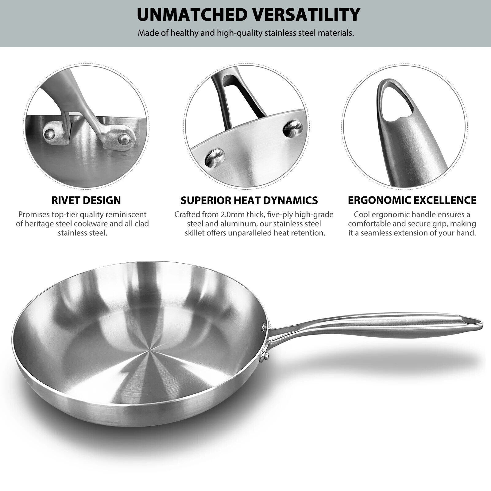28CM 304 Stainless Steel Frying Pan NonStick Fried Steak Pot Uncoated — image 2