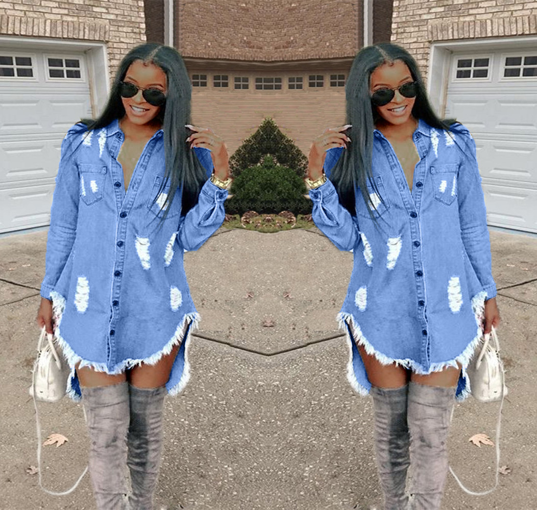 Short Ripped Denim Dress With Fringed Buttons