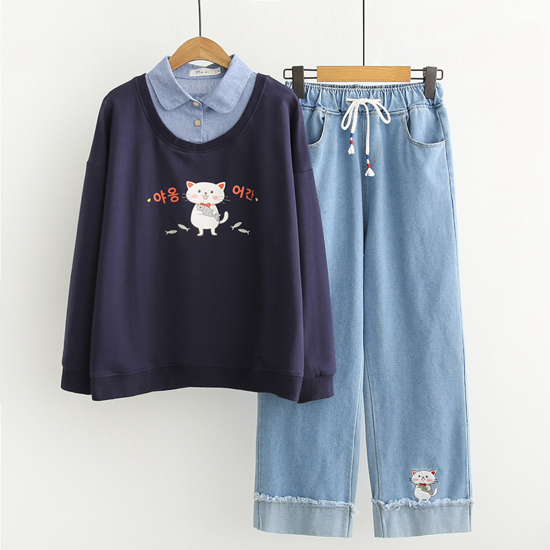 Sweatshirt Jeans Women's Suit Japanese Cute Cat