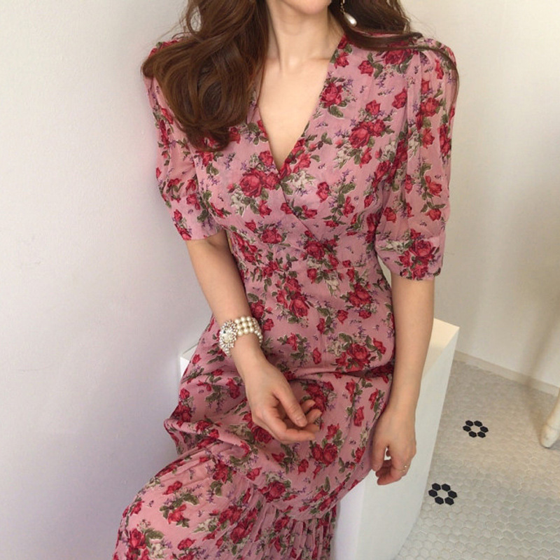 Retro Mid-length Printed Floral Chiffon Dress