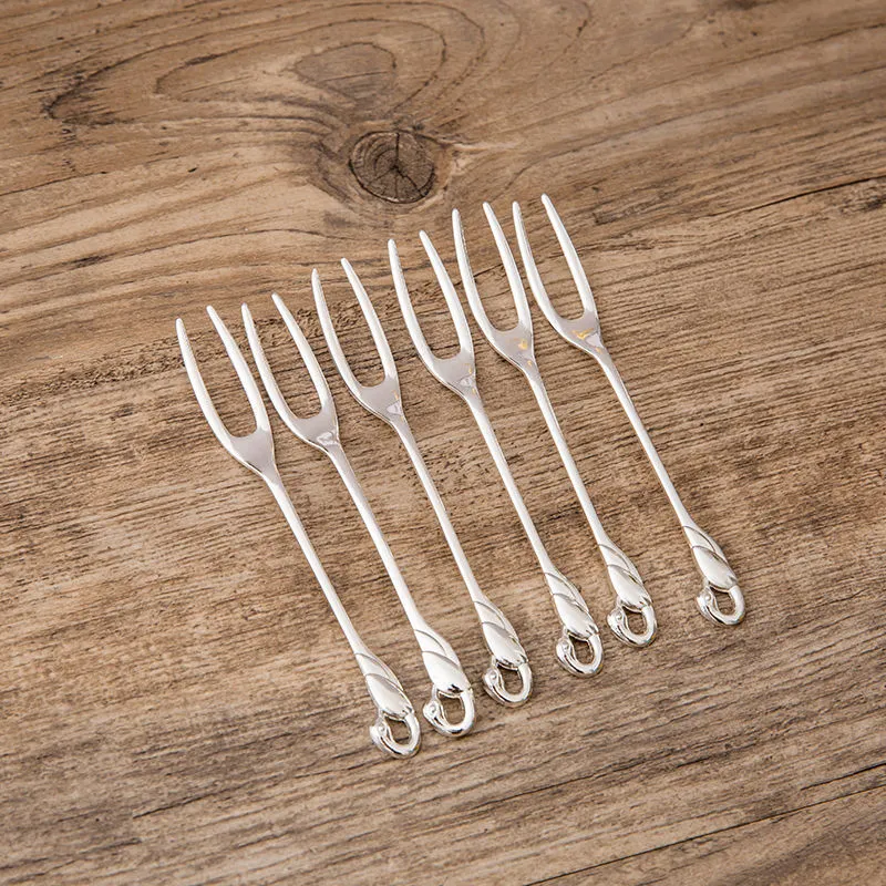 Coffee Spoon Fruit Fork Set Western Cutlery Dessert Swan Fork Holder Tableware - Silver 6Fork
