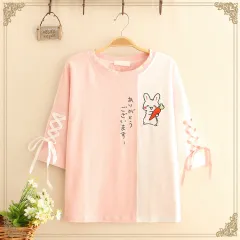 Colour Block Radish Rabbit Lace Up Five-Point Sleeve Top - Pink - View 1