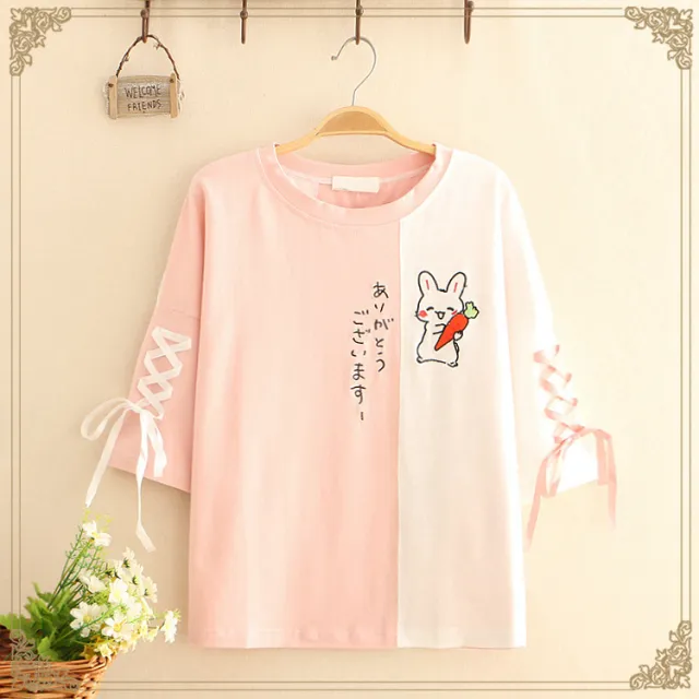 Color Block Radish Rabbit Lace Up Five Point Sleeve Top Pink - Shop at LoveMi