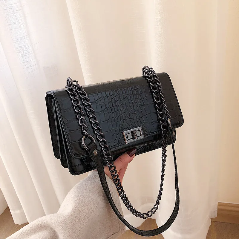 European and America Pattern Chain Small Square Bag - Black